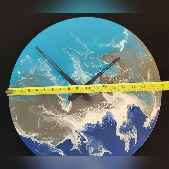 18" Circular Hand-Painted Wall Clock, Blue tones, White, Gray, minimalist style - Picture 3 of 5